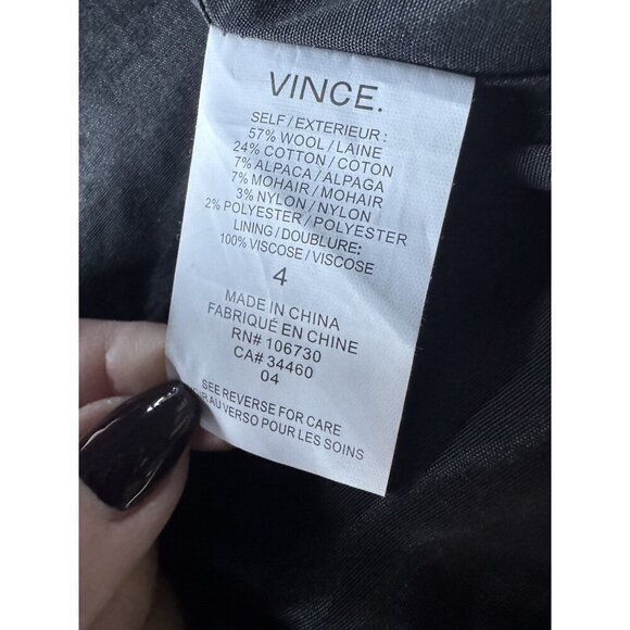 Vince Women’s Sz 4 Grey Tweed Boucle Button Jacket with Black Leather Trim - Picture 7 of 11